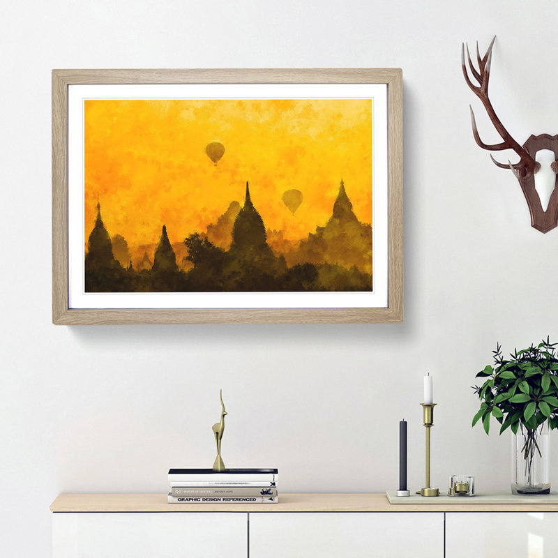 Hot Air Balloons over Old Bagan - Picture Frame Painting Print, 24cm H x 33cm W x 2cm D, Oak Framed