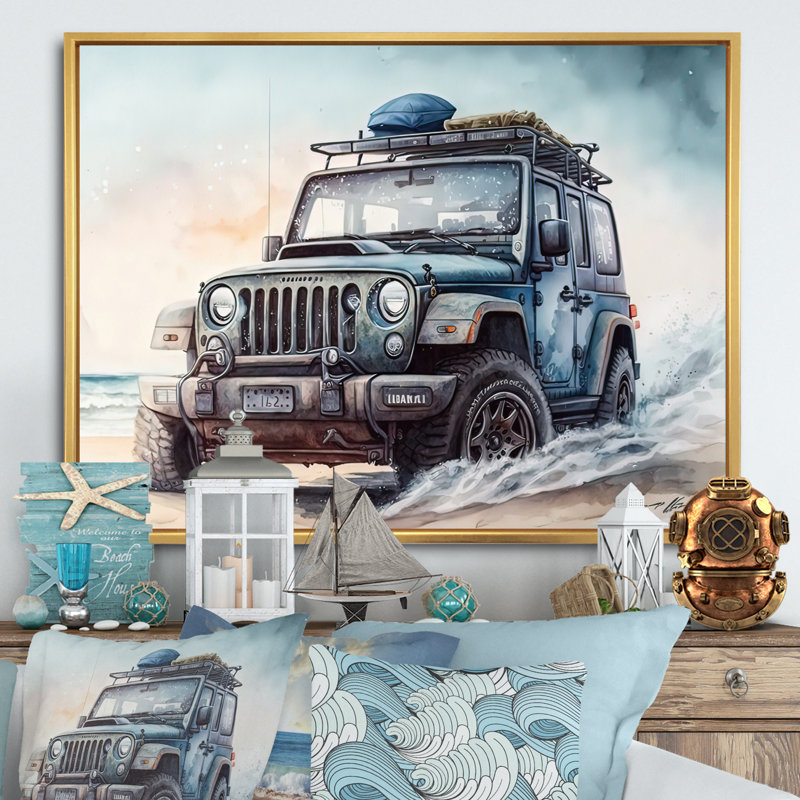 «Off Road on the Beach II», peinture sur toile, H 30 po x l 40 po x P 1,5 po, Toile avec cadre flottant or