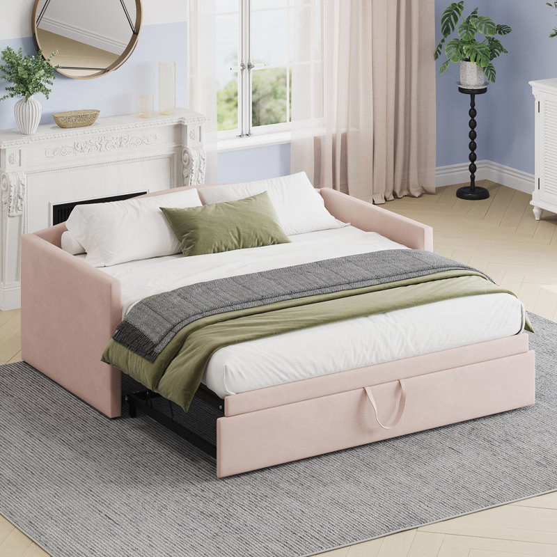 Twin Size Daybed with Extended Pop Up Trundle, Pink