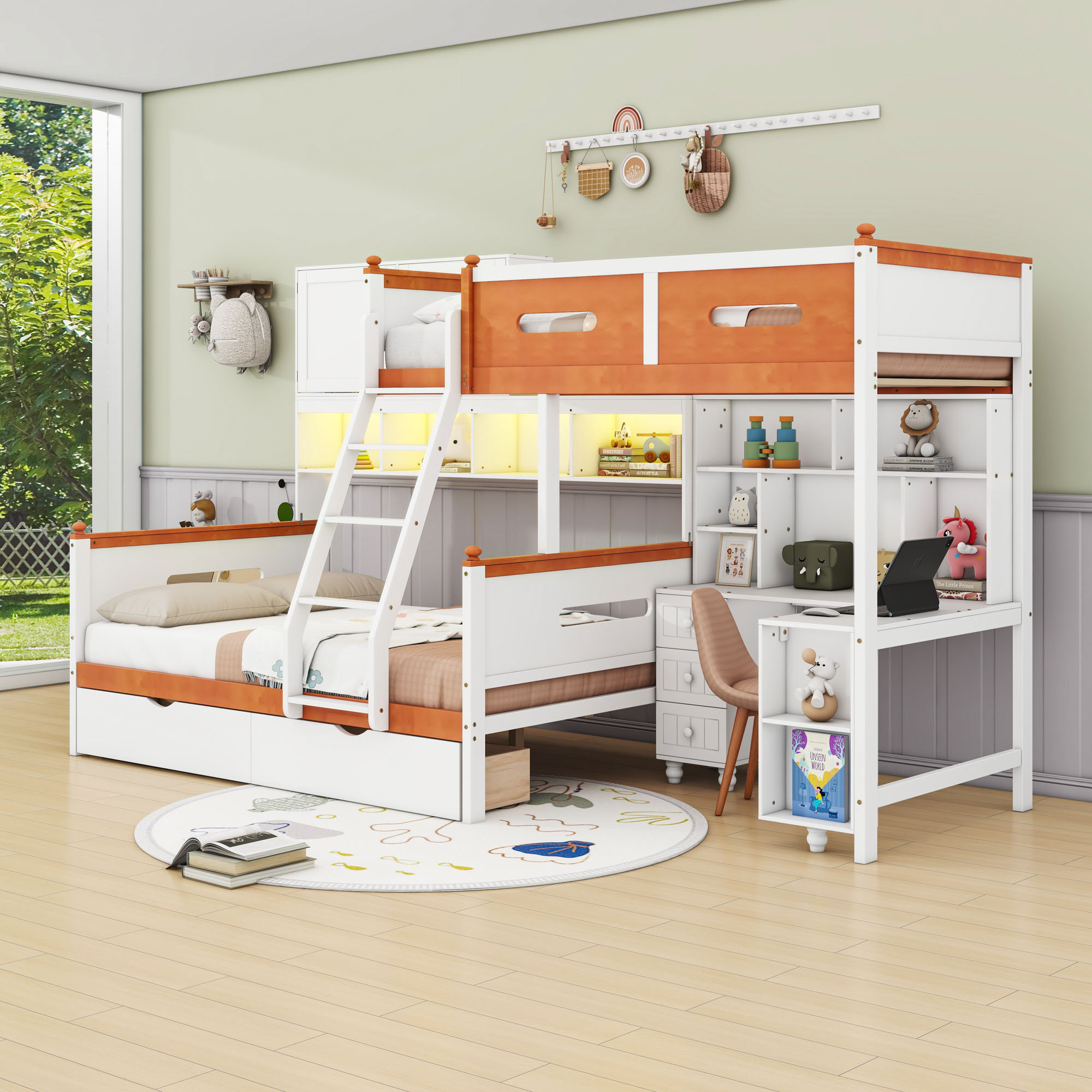 Harriet Bee Twin Over Full Wood Bunk Bed With Built-In Desk, Shelves ...