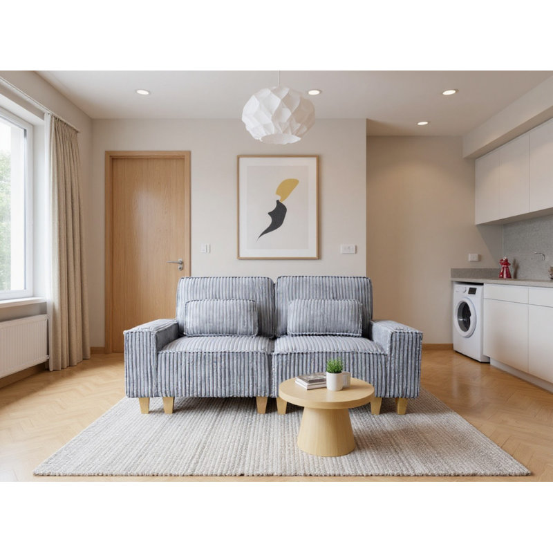 Deep Seat Corduroy Loveseat With Brushed Stainless Steel Cup Holders And 2 Decorative Pillows -- Cozy 2-seater Sofa For Living Room