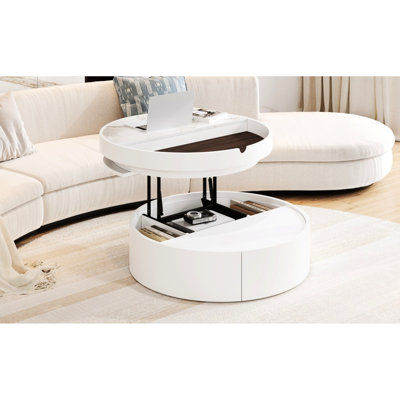 Table basse à plateau rond blanc avec 1 tiroir, 29,5 pouces, marbre et plateau en grain de bois pour une vie moderne