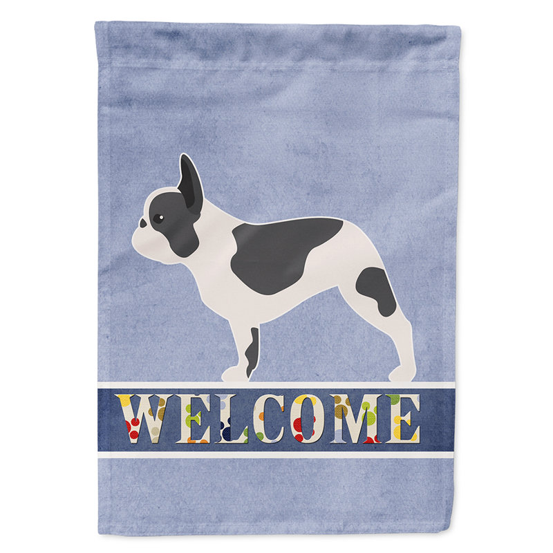 Polyester 2 côtés 40 x 28 po welcome drapeau maison, Bouledogue français noir / blanc debout