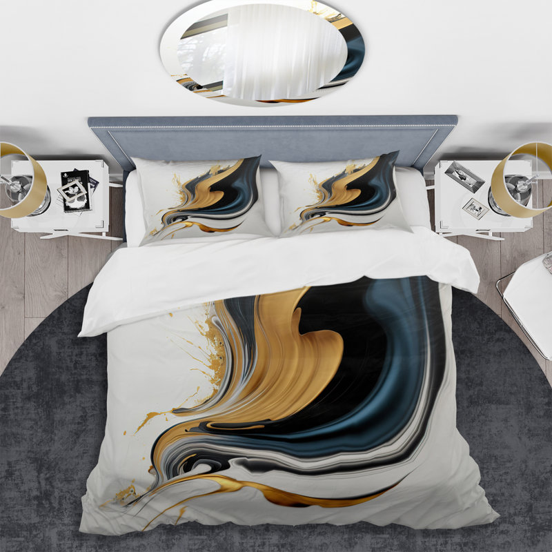 Ensemble de housse de couette en microfibre / polyester noir, blanc et or, Housse de couette pour grand lit et 2 taies décor