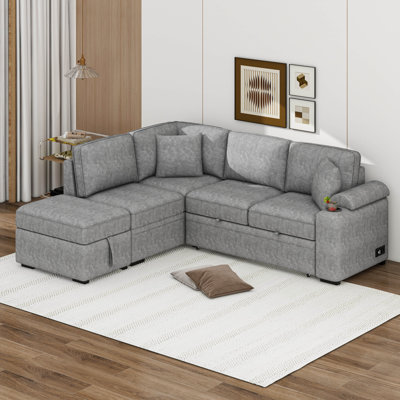 L Shaped Modular Sectional Corner Sofa With Pull Out Sleeper Bed,USB Charge,Hidden Arm Storage&Ottoman