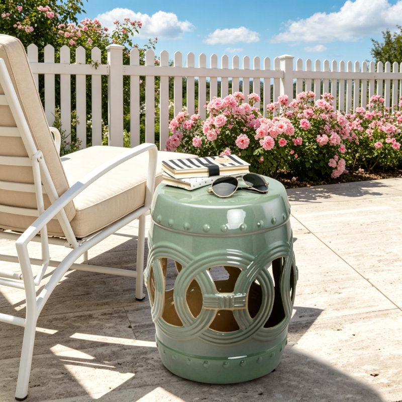 Tabouret de jardin 14 po x 17 po en céramique avec anneaux noués à deux pièces et matériau émaillé robuste, Vert