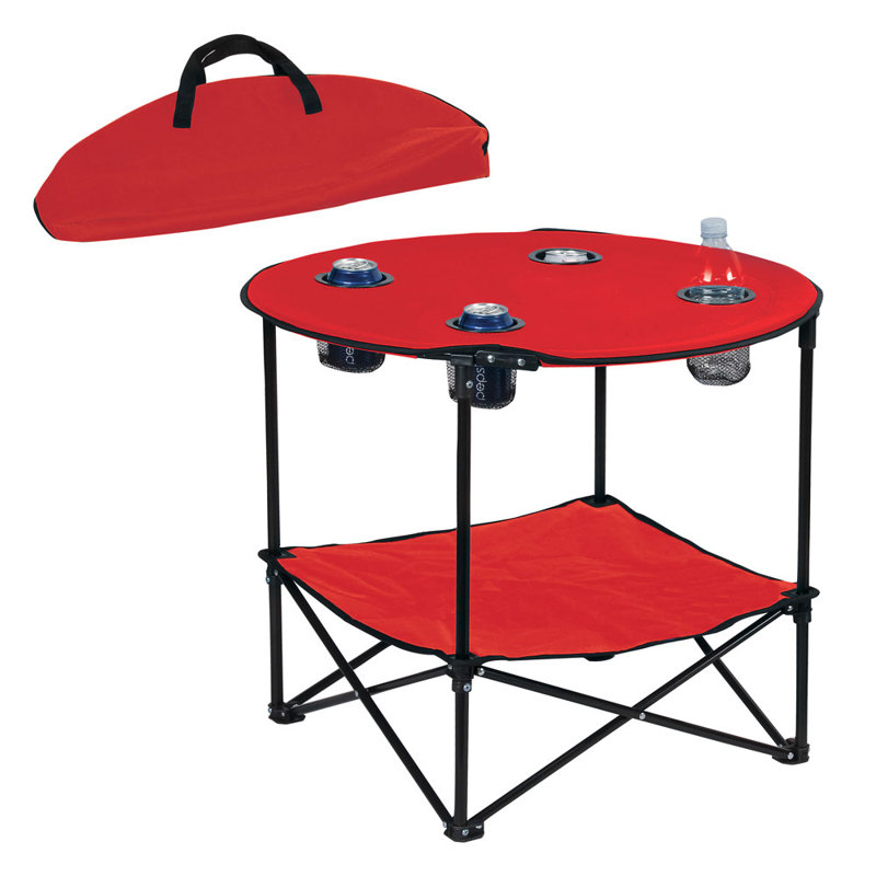 Red Polyester Round Folding Outdoor Table with Mesh Cup Holders