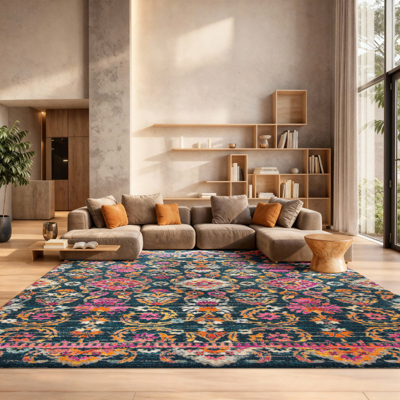 Felty Floral Machine Made Power Loom Polypropylene Blue Area Rug, Rectangle 8' x 10'