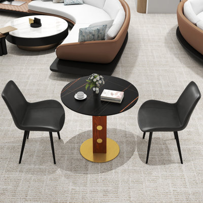 3-Piece Modern Round Sintered Stone Small Conference Table Set With 2 PU Leather Chair