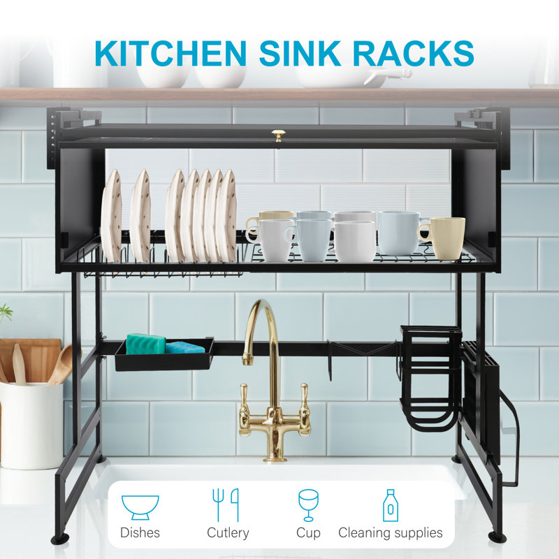 2-Tier Dish Drying Rack Large with Cabinet, Kitchen Sink Shelf Household Dishes Drain Rack Black Length 85cm Luxury Set for Drying Dishes, Glasses, Bowls, and Utensils