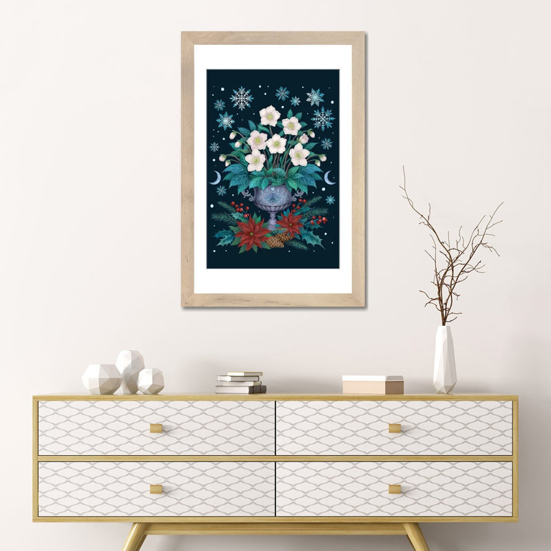 Rose de Noël - reproduction d'art murale - papier d'art encadré, H 24 po x l 16 po, Beige