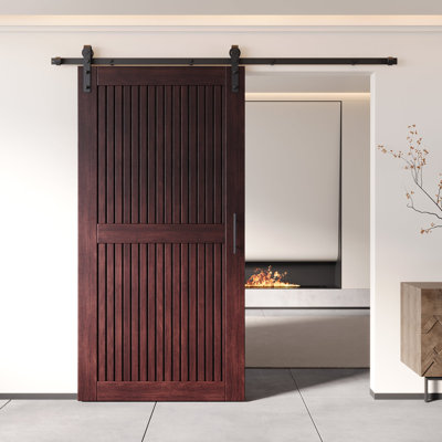 Homacer Red Mahogany 32in x 80in Unassembled & Finished Vertical Stripe Design Barn Door with Non-Bypass Installation Hardware Kit, 5.5ft track, interior use only