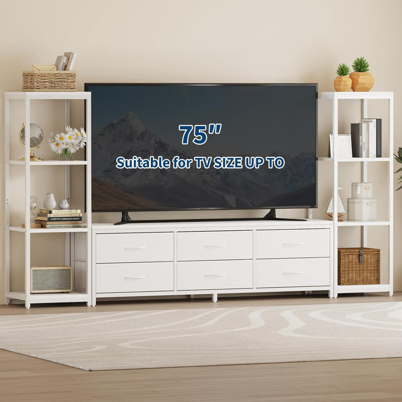 Meuble télé 75 po avec 6 tiroirs en tissu et 2 tablettes de rangement industrielles à 4 niveaux, Blanc