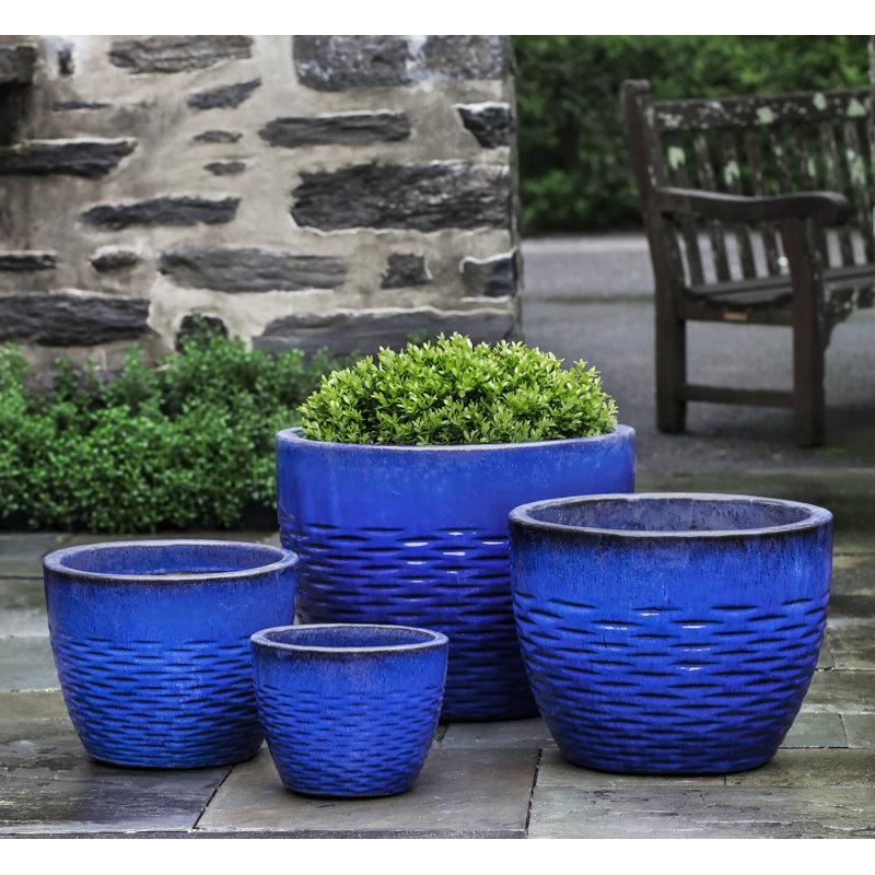 Hyphen Handcrafted Round Terracotta Outdoor Planter, Riviera Blue