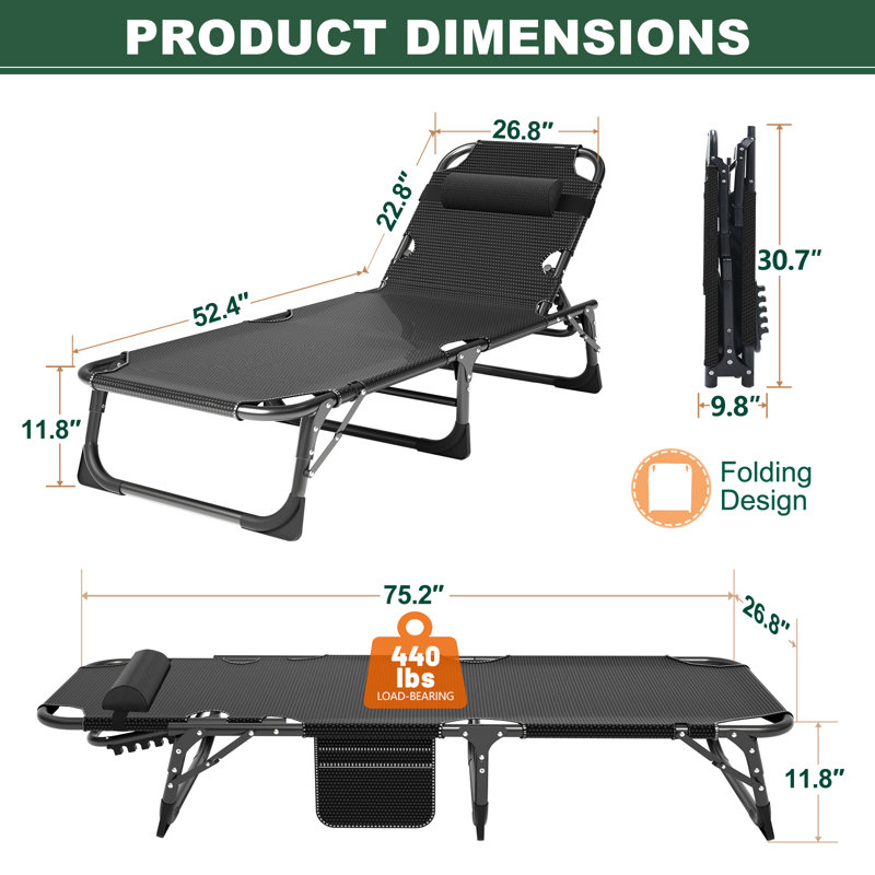Patio Chaise Lounge Chair, Outdoor Portable Adjustable with 5 Positions Folding Pool Recliner with Mattress Max Weight Capacity 440 lbs