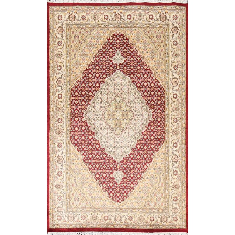 Tapis Tabriz Mahi rouge à motif végétal noué à la main 4 x 6