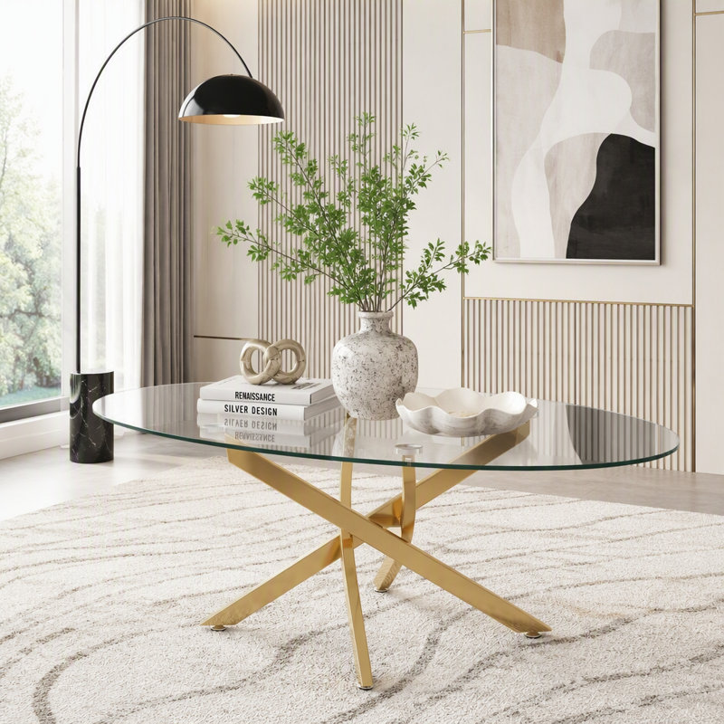 Table basse ovale en verre 39,37 pouces avec pieds, Gold+Transparent