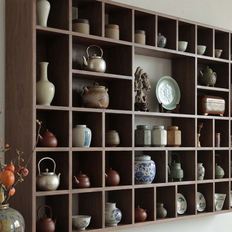 Étagère murale en bois massif au fini noyer foncé, vitrine à plusieurs compartiments de style Song pour salon de thé ou décoration de salon