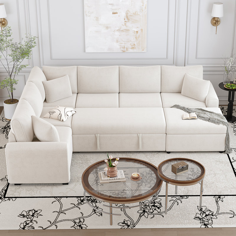 Cream Chenille Sectional Sleeper Sofa Bed With Usb & Storage Ottoman, Cream Chenille