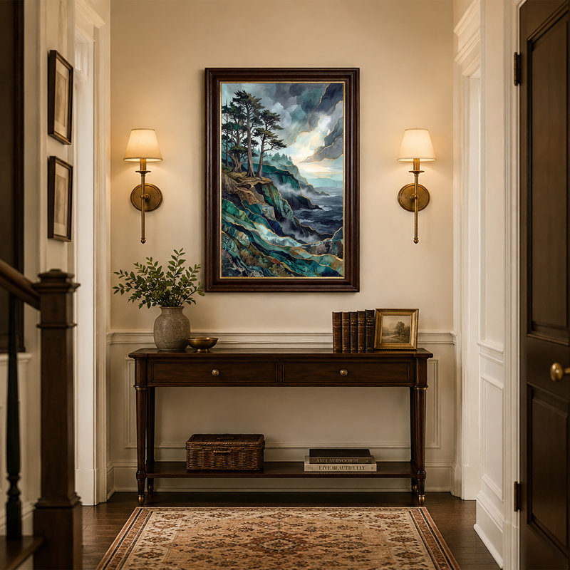 «Pine Trees on Layered Cliff with Gold Foil Lines», art mural sur toile, 24"H x 16"W