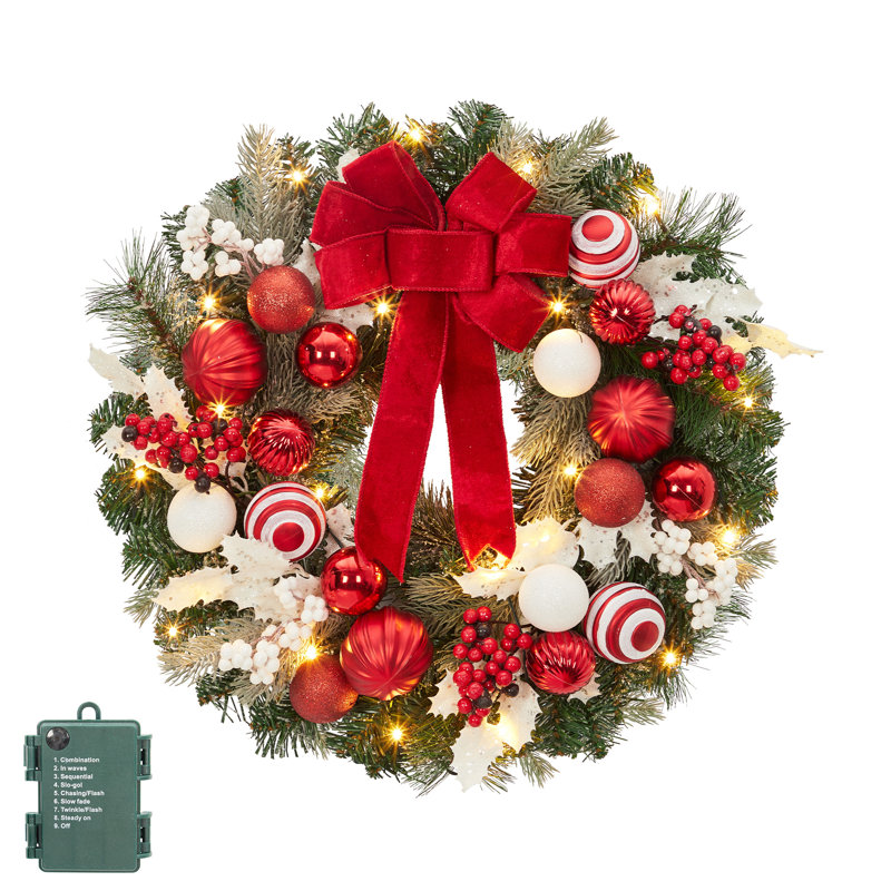 Couronne de Noël pré-éclairée 24 pouces avec lumières DEL, couronne à piles avec boules et pommes de pin