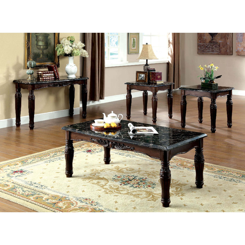 Traditional Espresso Solid wood 3pc Tables Set 1x Coffee Table and 2x End Tables Faux Marble Top
