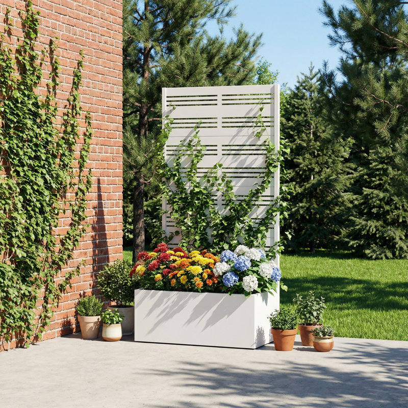 Metal Planter Box with Trellis without Wheels, White
