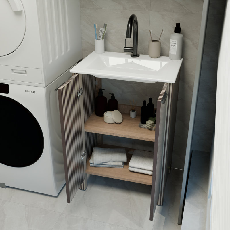 Meuble-lavabo et lavabo moderne brun, solution de salle de bain peu encombrante