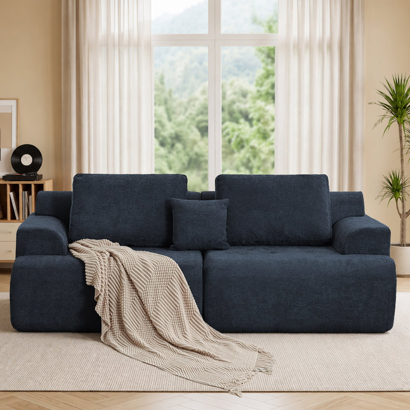 Canapé modulaire de 91 po à 3 places avec oreillers décoratifs, Chenille bleue marine