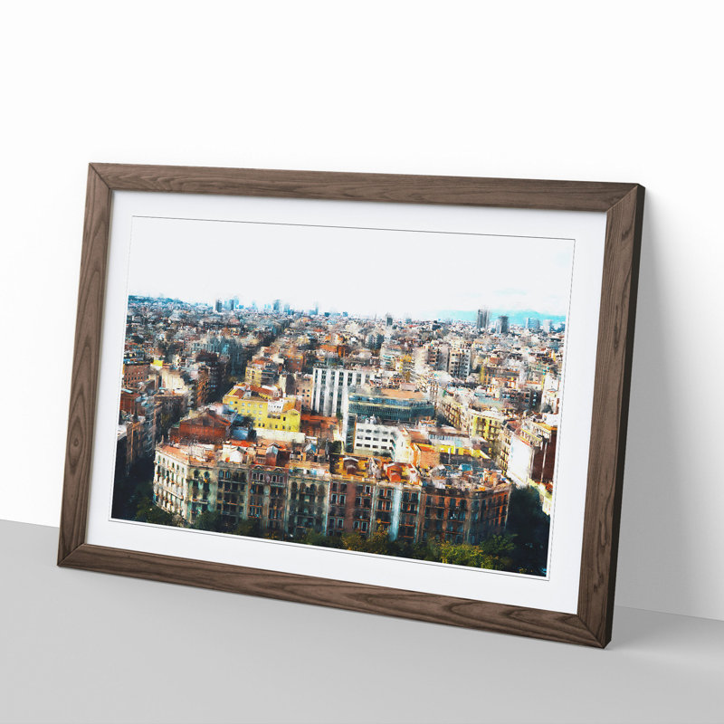 Rooftops of Barcelona - Picture Frame Painting, 27cm H x 36cm W x 2cm D, Walnut Framed