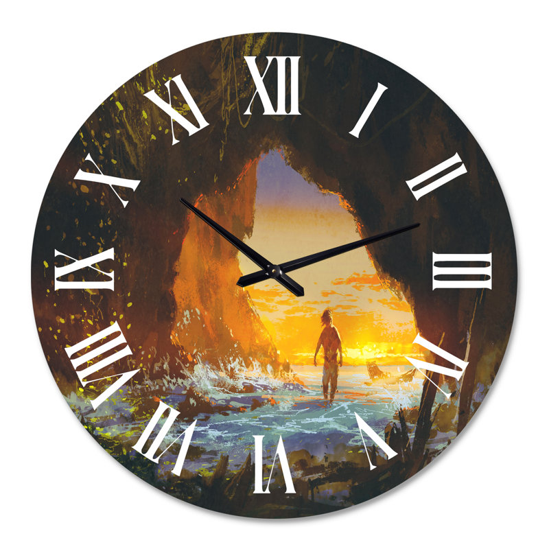 «The Man Walking In The Sea Cave At Sunset» - horloge murale nautique et côtière, Grand