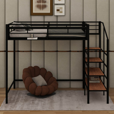 Twin Size Metal Loft Bed - Upper Grid Storage Shelf & Lateral Storage Ladder