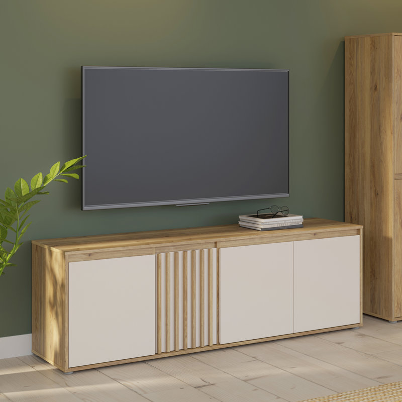 Scandi Style Lowboard with 4 Doors, Slatted Details, TV Rack, Living Room, Engineered Wood, Warm Oak Decor/Beige, 174.3 cm W x 56.1 cm H x 41.5 cm D