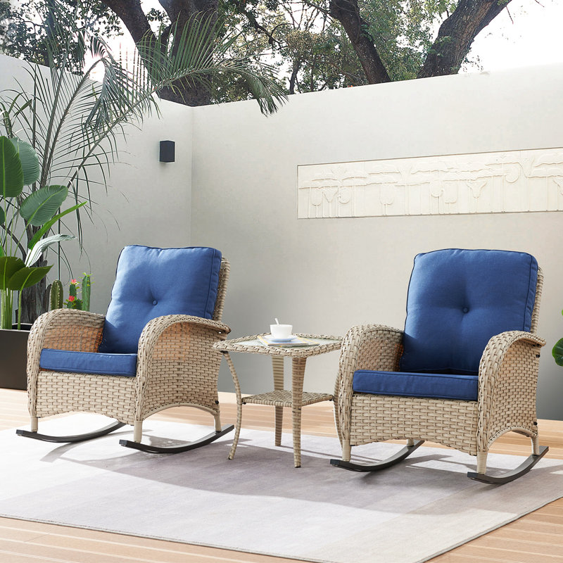 Tonry Wicker Rattan Outdoor Rocking Chair Set, Light Gray, Blue