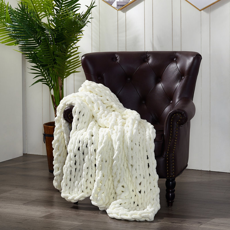 Ivory Knitted Reversible Chenille Throw Blanket