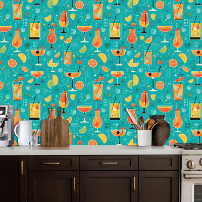 Peel and Stick Wallpaper Retro 1950S Mid Century Cocktail Martini Cocktail Glasses Contact Paper Removable Self Adhesive Wall Mural Wall Decor for Bedroom Kitchen Cabinets 17.7in x 118in