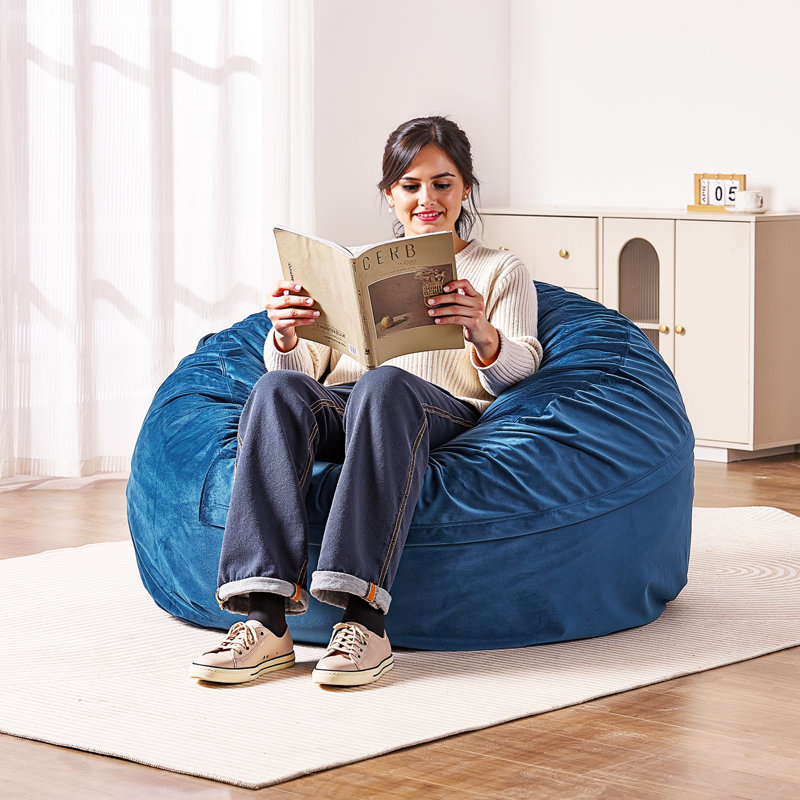 Fauteuil à billes rond avec housse amovible et lavable pour adultes - bleu