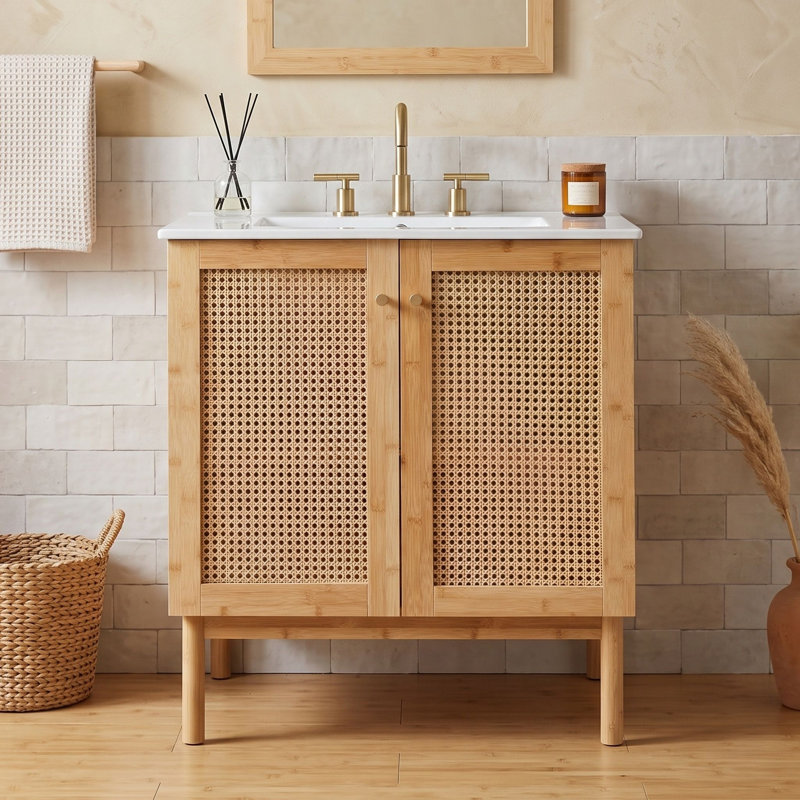Meuble-lavabo en bois avec lavabo et portes en céramique