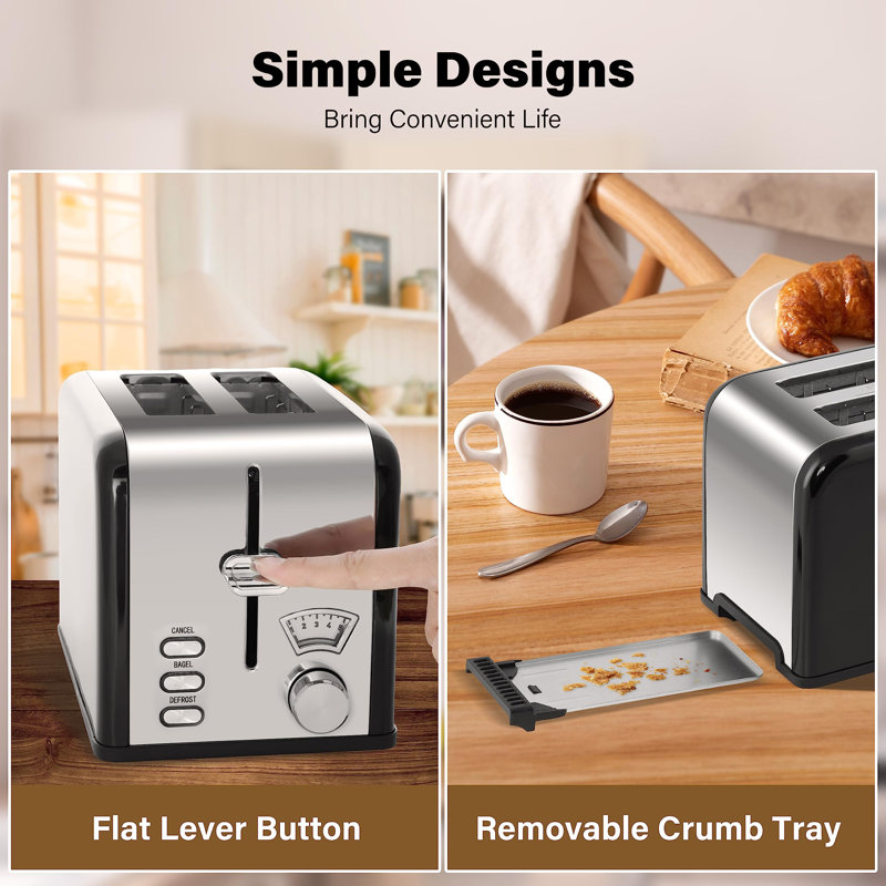 Retro Black Stainless Steel 2-Slice Toaster with Wide Slot and Crumb Tray