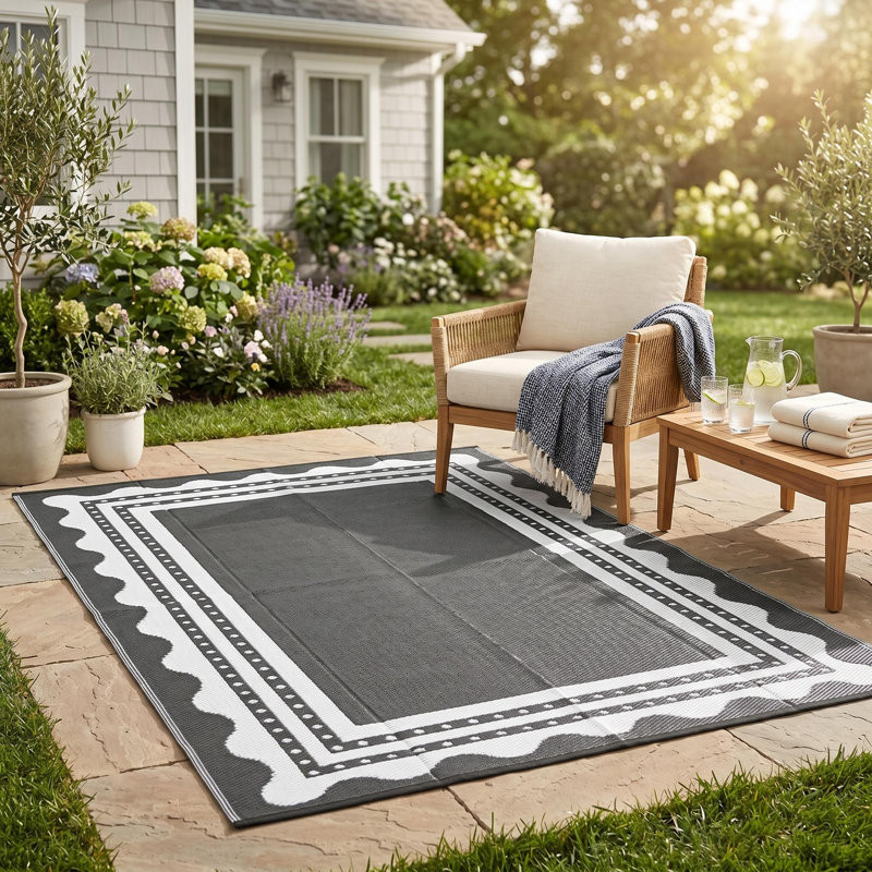 9x12 Reversible Outdoor Rug for Patio, Deck and Backyard, Waterproof and UV-Resistant Recycled Polypropylene Area Rug, Lightweight Foldable Mat for Camping, Beach and RV, Grey & Beige