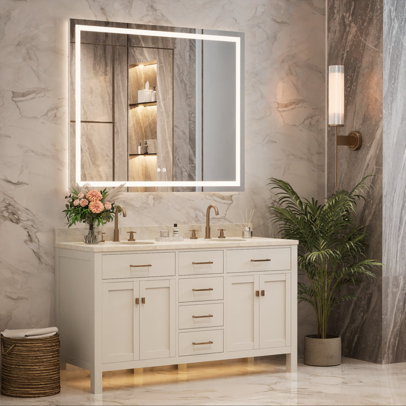 Miroir de meuble-lavabo à fixation murale avant et rétro-éclairé Cardier avec réglage en 3 couleurs, incassable, verre trempé