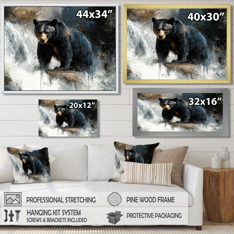 Ours à la cascade Edge II - ours, décoration murale, H 16 po x l 32 po, Cadre simple, Noir