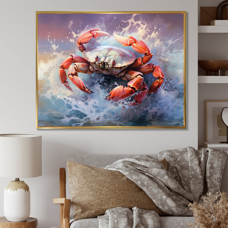 Crabe Beachcombers I - Décoration murale crabe, H 16 po x l 32 po x P 1 po, Cadre flottant doré