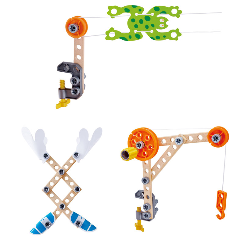 Hape: Junior Inventor: Three Experiment Kit - 36 pièces, ensemble de jouets de construction en bois, Appui mécanique et mécanique en tige, jeu de science, enfants de 4 ans et plus