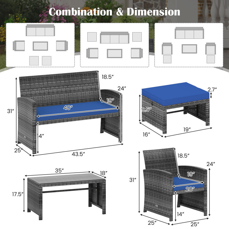 Ensemble de 6 canapés modulaires pour l'extérieur, Marine, Gris