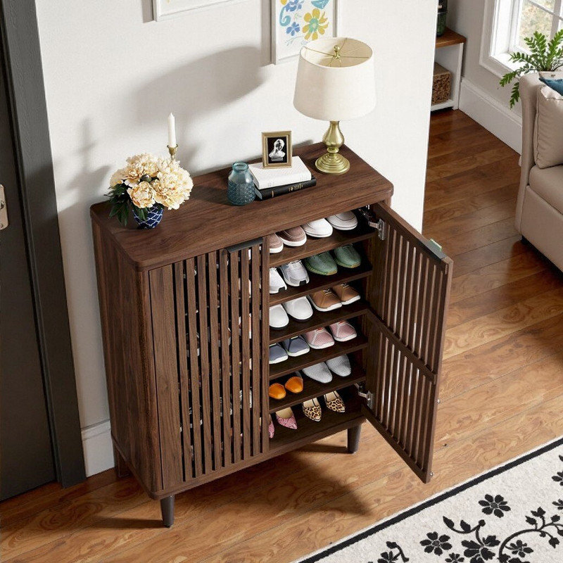 Range-chaussures ventilé à 6 niveaux avec portes à persiennes et tablettes réglables, Noyer foncé