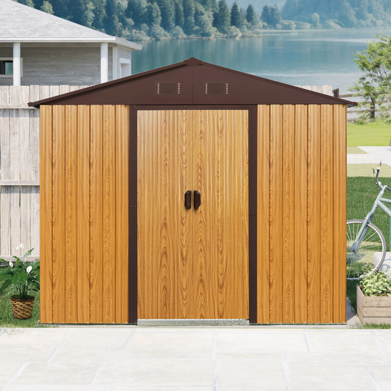 8X4 Ft Metal Storage Shed For Backyard - Coffee. , With Foundation. Comes Lock, Gloves & Accessories Ease 8 Ft X 4 Outdoor In Stable, Air Vents. Has Lockable Door, Window Foundation Security