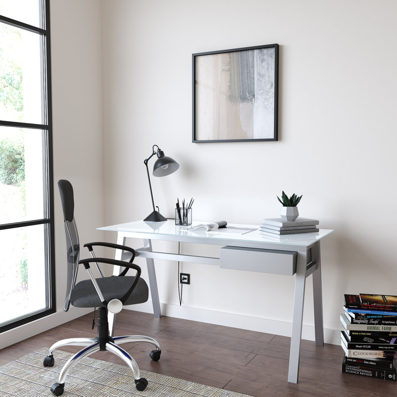 Birl Glass Top Metal Base Writing Desk, White