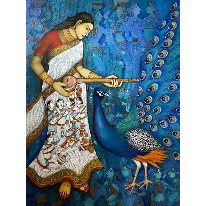 Attrayant Meera Bai tenant Veena | Acrylique sur toile | Par Nikunja Bihari Das | Avec cadre