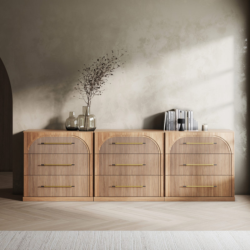 Set of 2 Fluted Modular Sideboard Cabinet with 3 Drawers, Camel, Camel
